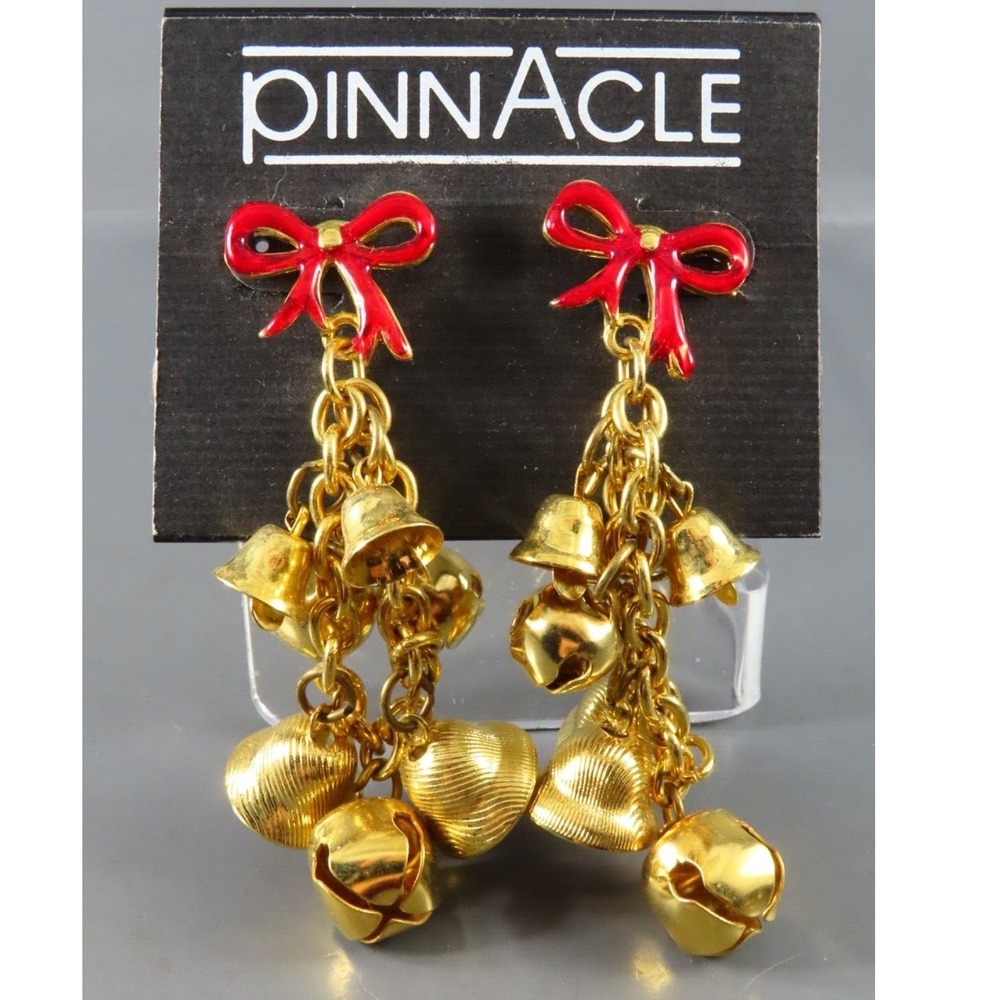 NWT Vintage PINNACLE CHRISTMAS DANGLE EARRINGS Red Enamel Bow JINGLE BELLS
